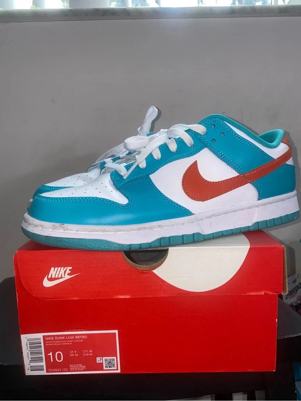 Nike Kids' Dunk Low Retro Sneakers - White/Teal/Orange Miami dolphins Sz 10 - Picture 1 of 7